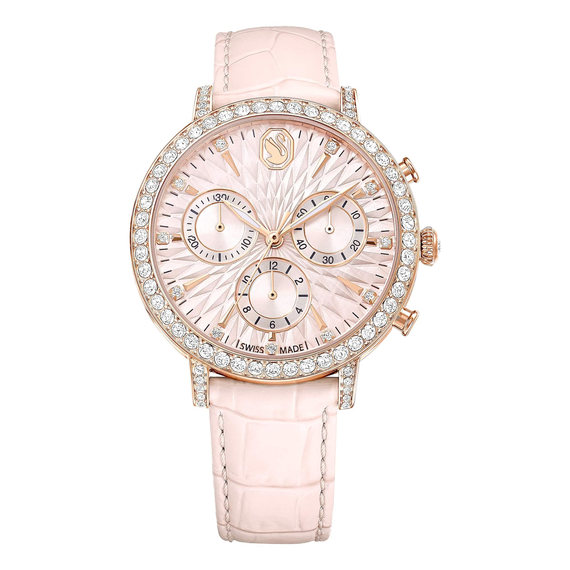 Swarovski Matrix Tennis Chrono İsviçre yapımı saat, pembe deri kayış, pembe altın renk kaplama