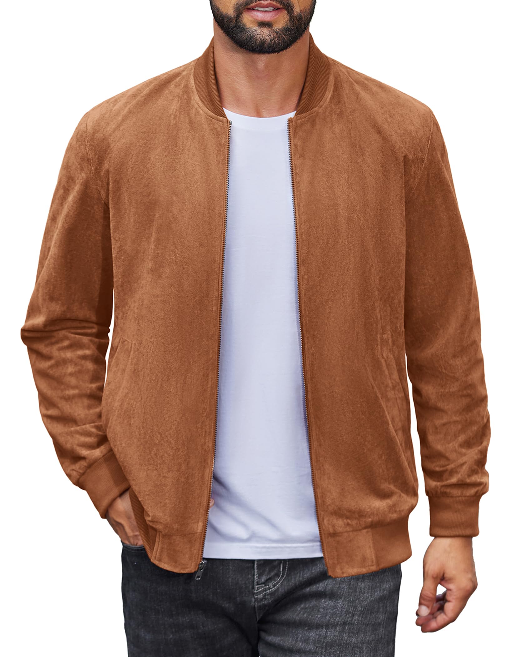 Erkek hafif süet bomber ceket, günlük vintage suni deri kolej modeli