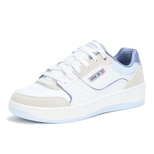 Skechers D'lites Fresh Start kadın bağcıklı tenis ayakkabısı, hafızalı köpük, beyaz/gümüş, 9 geniş
