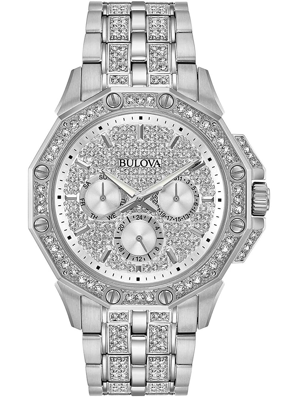 Bulova Crystal Octava erkek kuvars saat, kristal taşlı, gümüş renk paslanmaz çelik bilezik